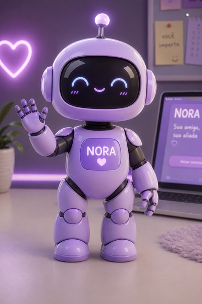 Mascote da NORA, um robô lilás sorrindo e acenando